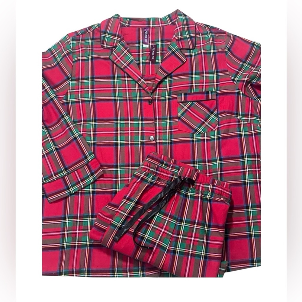 3X Plus Womens Flannel Pajamas Set Red Tartan Plaid Long Pants Button Top